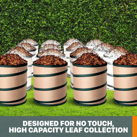 Universal Fit Leaf Collection System for Leaf Blowers and Vacuums, 5-Inch Tube, filled bins with leaves, mesh hood, no-touch dumping
