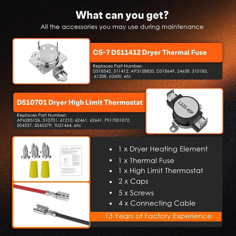 Heavy Duty Dryer Heating Element Kit Replacement for Multiple Models 503978 964p3 510329 61928 61927 61929 Fits Maytag Amana Dryers showing thermal fuse, thermostat, and accessories