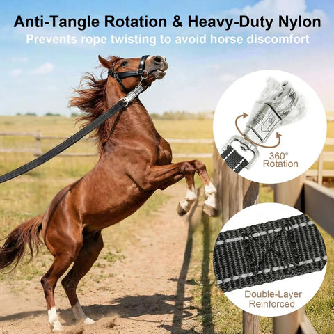 Heavy Duty Reflective Cross Ties For Horses With Panic Snap And AntiTangle Grooming Straps in use with horse rearing