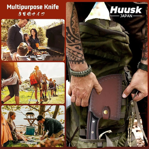 Man holds backpack with a Serbian Chef Knife With Sheath Pro Grade ATS 34 High Carbon Steel Fire Hammered Blade for cooking outdoors.