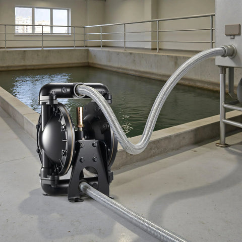 VEVOR air-operated double diaphragm pump with aluminum body, 1 in inlet/outlet, and flexible metal hose.
