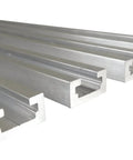 Set Of Four Premium Aluminum T Slot Track Rails Twenty Four Inches Long With A Deep Three Eighth Inch Channel secured in view.