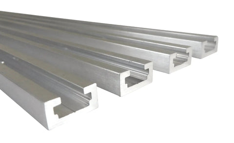 Set Of Four Premium Aluminum T Slot Track Rails Twenty Four Inches Long With A Deep Three Eighth Inch Channel secured in view.
