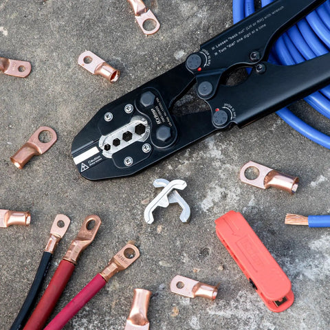 Beefy Heavy Duty Battery Cable Lug Crimp Tool Set With Built In Cutter And Interchangeable Jaws For AWG 8 To 4 0 Gauge Includes Cable Lug Crimper And Wire Stripper For Fast Reliable Auto Electrical Connections