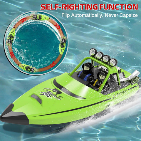 Beast High Speed RC Jet Boat with Auto Flip and Dual Batteries shown in water demonstrating self-righting feature.