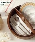 Premium 12 Inch Acacia Wood Lazy Susan Rotating Tray With Four Removable Dividers High Rim Kitchen Spice Rack Snack Divider Smooth Turn Total Game Changer Tabletop Display holding cutlery and napkins.