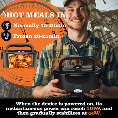 Man holding Electric Heated Lunch Box For Adults With 80W Fast Heating And 1.5L Food Grade Stainless Steel Portable Warmer for work