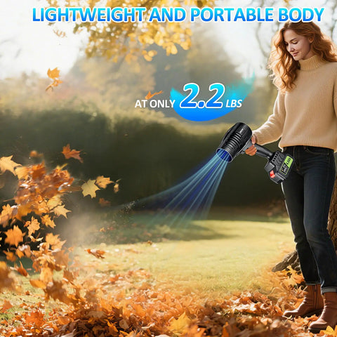 Woman using Cordless Leaf Blower With Dual 4.0Ah Batteries And Charger Lightweight Handheld 21V Electric Blower for lawn cleanup