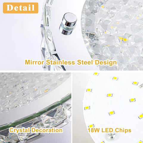 Flush Mount Crystal Ceiling Light With K9 Crystals, Modern Round LED Fixture featuring mirror stainless steel and 18W LED chips.
