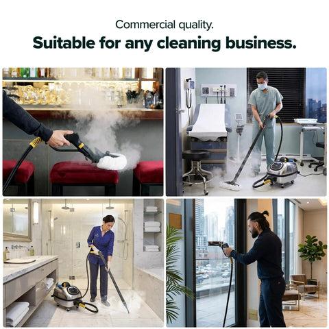 Heavy Duty Commercial Steam Cleaner With Slick Storage Bag Delivers Consistent Low Moisture Dry Vapor, cleaning various surfaces.