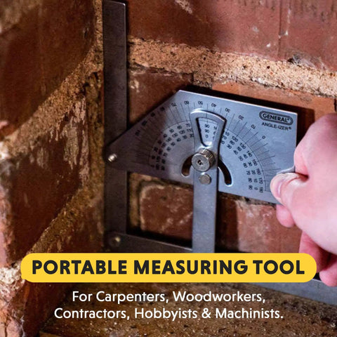 Hand using Stainless Steel Protractor and Angle Finder 0 to 180 Degrees for precise angles on brick surface.