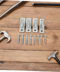 Heavy Duty Wall Mount Gate Hinges 4 Pack Fence And Barn Door Hardware Quick Install Metal Mounts with screws laid out on a wooden surface.