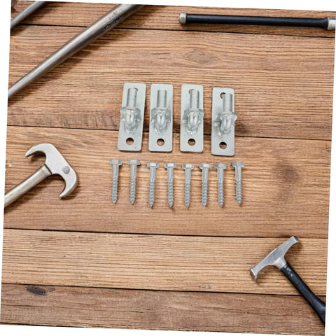 Heavy Duty Wall Mount Gate Hinges 4 Pack Fence And Barn Door Hardware Quick Install Metal Mounts with screws laid out on a wooden surface.