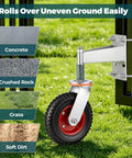Built Tough Eight Inch Heavy Duty Fence Gate Wheels Featuring Spring Loaded Pivoting Rollers And Premium Double Ball Bearings For Smooth Rural Ranch Property Movements on grass with various surfaces like concrete and crushed rock.
