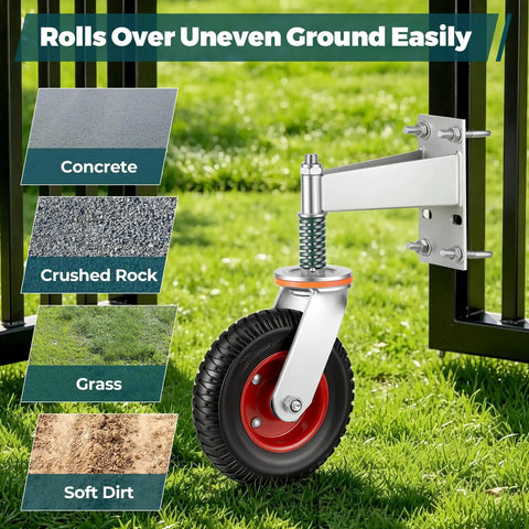 Built Tough Eight Inch Heavy Duty Fence Gate Wheels Featuring Spring Loaded Pivoting Rollers And Premium Double Ball Bearings For Smooth Rural Ranch Property Movements on grass with various surfaces like concrete and crushed rock.