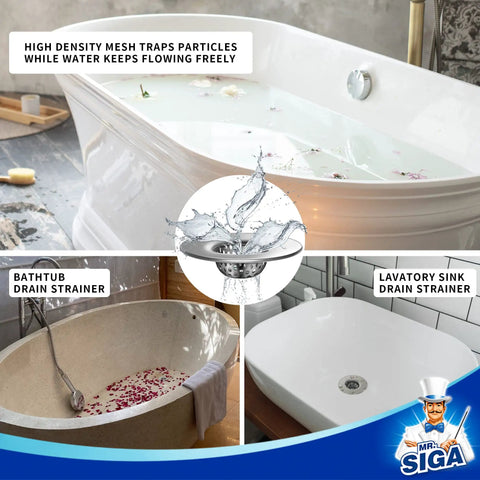 Bathtub and lavatory sinks with Stainless Steel Bathroom Sink Strainer Set 3 Pack Hair Catcher For Bathroom Laundry And Utility Sinks Outer Diameter 2.1 Inches Inner Diameter 1 Inch Drain Protector For Shower And Lavatory Drains shown.