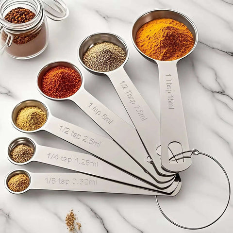 Six Piece Stainless Steel Measuring Spoons Set For Cooking And Baking Includes One Eighth Teaspoon One Quarter Teaspoon One Half Teaspoon