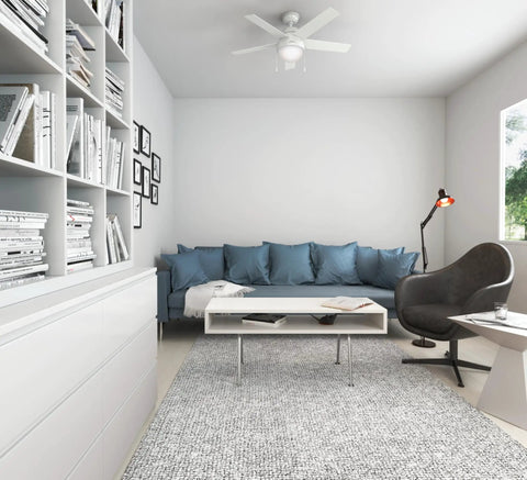 46 Inch Indoor Ceiling Fan With LED Light, White Finish, Five Blades, Pull Chain, Standard Mount in a modern living room