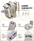 Must Have Large 40L Travel Backpack for Women TSA Carry On Approved, showing compartments with wet pocket and laptop sleeve