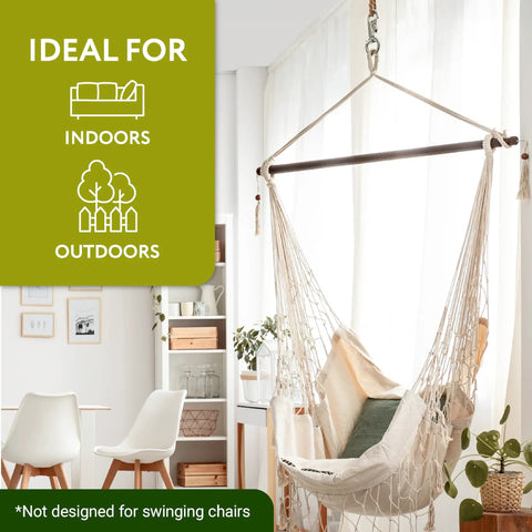 Beefed Up Heavy Duty Hammock Chair Swivel Hook With 500 Pound Capacity, 360 Degree Rotation, hung indoors in a bright room