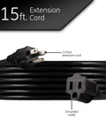 Beefed-Up Heavy Duty Outdoor Extension Cord 15 Ft 16 Gauge 3 Prong Grounded, Double Insulated, Moisture Resistant Vinyl Jacket, UL Listed