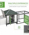 77 Inch Wooden Chicken Coop With Nesting Box And Removable Tray Outdoor Hen House With Ramp Run And Ventilated Window Gray Backyard Poultry Home For Garden Chickens And Easy Egg Collection with multiple doors and hinged roof shown.