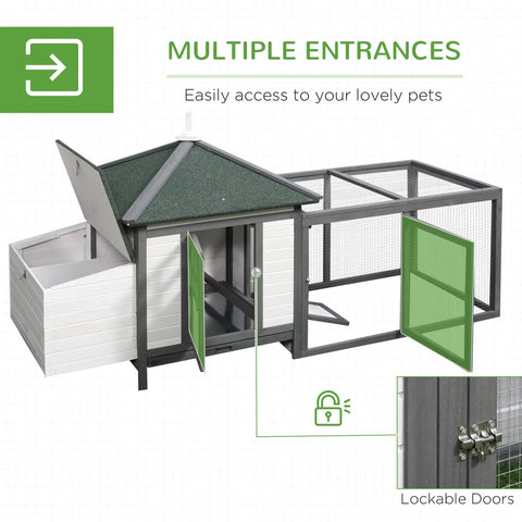 77 Inch Wooden Chicken Coop With Nesting Box And Removable Tray Outdoor Hen House With Ramp Run And Ventilated Window Gray Backyard Poultry Home For Garden Chickens And Easy Egg Collection with multiple doors and hinged roof shown.