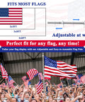 Six Foot Flag Pole Kit With Tangle Free Spinning Design Weather Resistant Rustproof Stainless Steel Pole For 3x5 Heavy Garden Flags 1 Inch Diameter Outdoor Or Wall Mount Flagpole, adjustable to fit most flags, includes image of crowd waving flags below flagpole illustration.