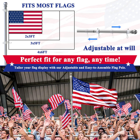 Six Foot Flag Pole Kit With Tangle Free Spinning Design Weather Resistant Rustproof Stainless Steel Pole For 3x5 Heavy Garden Flags 1 Inch Diameter Outdoor Or Wall Mount Flagpole, adjustable to fit most flags, includes image of crowd waving flags below flagpole illustration.