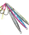Hella Badass Saltwater Jigging Lures Set Of Three 150 Gram Speed Vertical Slow Pitch Artificial Bait Multi Color Metal Fishing Plugs in vibrant colors with sharp hooks.