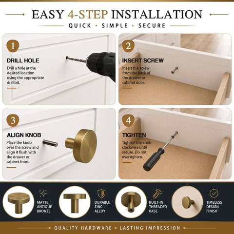 Four Pack Cabinet Drawer Knobs With Round Pulls For Closet Featuring Slick Brushed Antique Brass Finish Premium Aluminum Alloy Hardware installation steps.