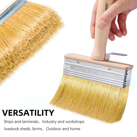3-Piece Deck Stain Brush Set for Limewash and Wood Stain, close-up of large brush with wooden handle and bristles