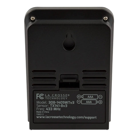 Back view of Wireless Indoor And Outdoor Temperature Monitor With Humidity Hi Low Records 12 And 24 Hour Time 330 Ft Transmission Range Outdoor Sensor Reads Down To Minus Forty Fahrenheit Clear Display With Trend Readouts battery compartment and model details visible.