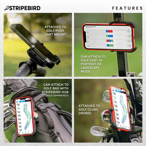 Magnetic Golf Cart Phone Holder With US Patented Dual Neodymium N52 Magnets keeps your iPhone and Samsung secure, showing mounting options.
