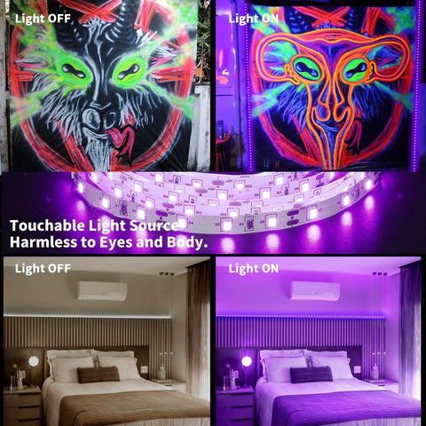 Upgraded 16.4Ft 5M LED Black Light Strip Kit With Remote Control 300 LEDs demonstrating on/off effects in various settings