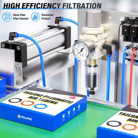 One Quarter Inch NPT Automatic Drain Air Filter And Pressure Regulator Combo with Gauge, aluminum body, installed setup.
