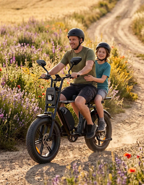 Dual Battery Adult Electric Bike With 956 Wh Juice And A Mean 1800W Motor Logging Ninety Miles on a dirt path with a man and child.