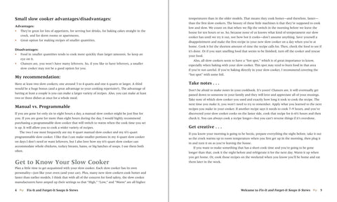 Inside pages of Hearty Homestyle Soups And Stew Cookbook featuring tips for slow cooker use and recipes management.