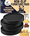 Image of Heavy Duty No Slip Furniture Feet Pads For Wood Floors And Carpet, 4x4 Inch Round Caster Cups with packaging and furniture
