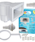 Wide Mouth Thru Wall Above Ground Pool Skimmer Kit With Beefy ABS Construction Universal Fit Return Fitting Vacuum Plate Leaf Basket Replacement For SP1091WM Skimmer next to packaging and installation accessories.