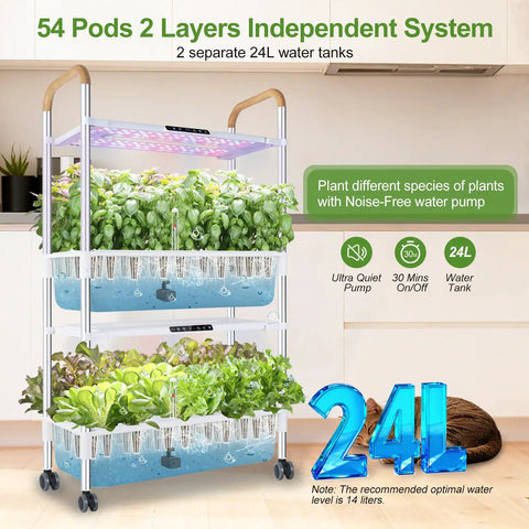 Movable Two Layer Indoor Hydroponic Garden System With 54 Pods And 30W LED Grow Light showcasing fresh leafy greens.