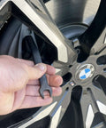 3 Piece 11mm Offset Brake Bleeder Wrench Set For Audi BMW VW Caliper Mounted Electromechanical Parking Brake Compatible No Wheel Removal Easy To Use Great For DIYers shown installed on BMW brake caliper.