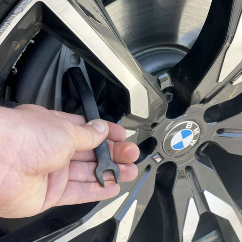 3 Piece 11mm Offset Brake Bleeder Wrench Set For Audi BMW VW Caliper Mounted Electromechanical Parking Brake Compatible No Wheel Removal Easy To Use Great For DIYers shown installed on BMW brake caliper.