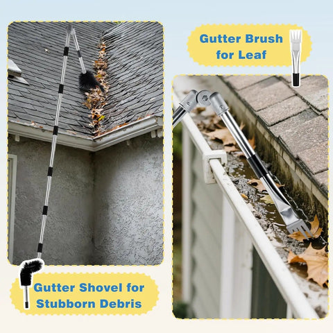 Gutter Cleaner Pole From The Ground With 13 Point 1 Ft Reach 180 Degree Pivot Head Replaceable Brush 10 Section Extension No Ladder Needed Easy Debris Removal For Hard To Reach Gutters