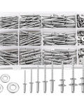 630 Piece Pop Rivets With Washers Kit in nine sizes and three washer sizes displayed in storage case for metal furniture and automotive repairs
