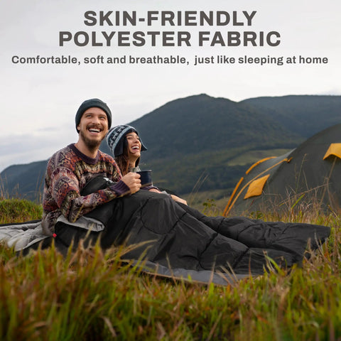 Couple enjoying nature with All Season Portable Sleeping Bag For Adults Teens And Kids Waterproof Lightweight With Compression Sack.