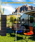 Road Trip Ready No Sweat Foldable Solar Panel 42W Portable Charger used outdoors in sunlight beside a camping trailer and chairs.