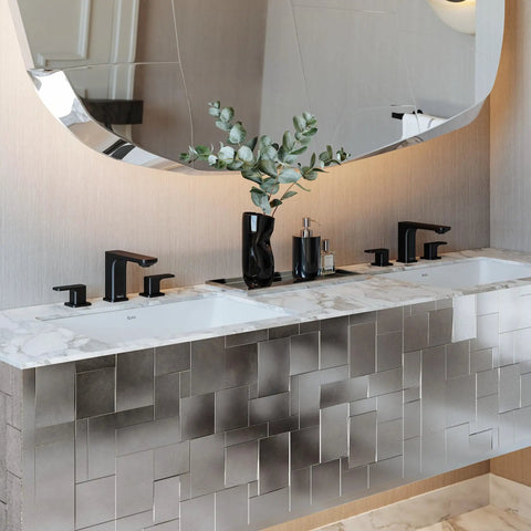 Modern bathroom with dual sinks, black faucets, and decorative tiles, showcasing Heavy Duty 59 Inch Metal Shower Hose Assembly In Matte Black Finish With Brass Outer Coil And Double Spiral PVC Lining For Beefed Up Flex And Anti Kink Performance Durable Shower Upgrade For Handheld Sprayers.