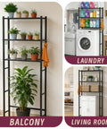 Solid As A Rock Three Tier Over Toilet Storage Cabinet With Removable Paper Holder And Four Grip Hooks Metal Bathroom Organizer Shelf For Laundry Balcony Or Living Room Setup Black, featuring potted plants and cleaning supplies.