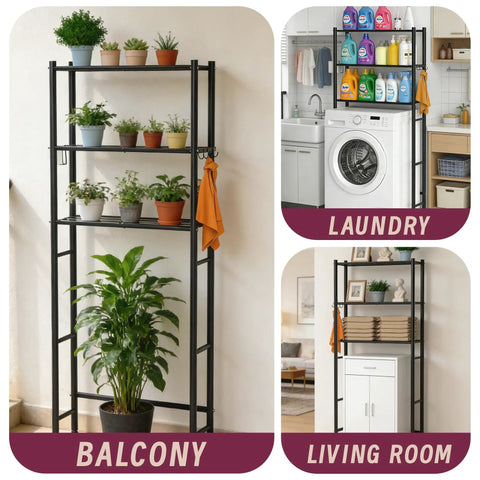 Solid As A Rock Three Tier Over Toilet Storage Cabinet With Removable Paper Holder And Four Grip Hooks Metal Bathroom Organizer Shelf For Laundry Balcony Or Living Room Setup Black, featuring potted plants and cleaning supplies.